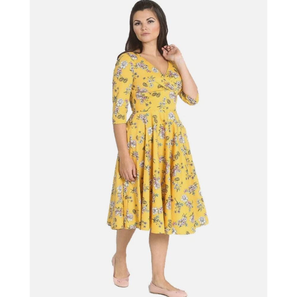 Hell Bunny 50s Muriel Floral Swing Dress in Mustard Floral Women's 6 UK 12 Retro